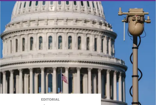  ?? J. SCOTT APPLEWHITE/AP ?? A video surveillan­ce apparatus is seen on the East Front of the U.S. Capitol on Sept. 10, 2021.