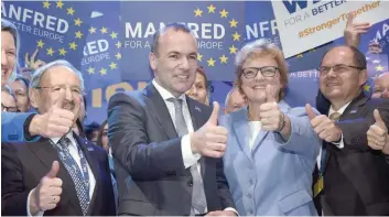  ?? — Reuters ?? Manfred Weber of Germany celebrates with his supporters after the results of the EPP lead candidate voting at the session of the European People’s Party (EPP) congress in Helsinki, Finland, November 8, 2018.