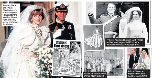  ??  ?? Princess Diana and Prince Charles arriving at Buckingham Palace after the wedding. Below right, the Daily Mirror celebrates THAT dress