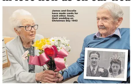  ?? Pictures: SWNS ?? James and Cecelia have made cards for each other. Inset, their wedding on Christmas Day 1943