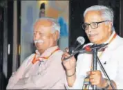  ?? PTI PHOTO ?? RSS general secretary Suresh 'Bhaiyyaji' Joshi (right) speaks after his reelection in Nagpur on Saturday as the organisati­on’s chief, Mohan Bhagwat, looks on.