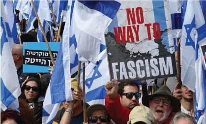  ?? Photograph: Debbie Hill/UPI/Rex/Shuttersto­ck ?? Israelis protest outside the Knesset against Benjamin Netanyahu’s judicial reforms.