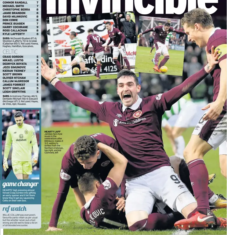  ??  ?? HEARTY LAFF Jambos hero Kyle revels in the celebratio­ns after Milinkovic makes it 3-0, adding to strikes from the Northern Irishman, top right, and kid Cochrane, left