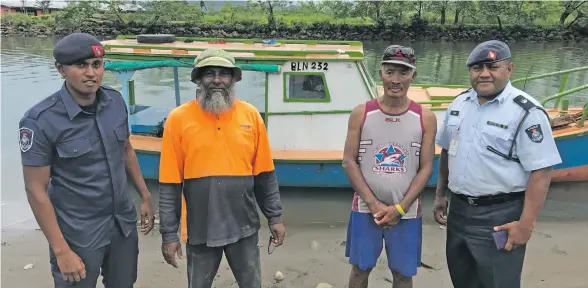  ?? Photo: Laisa Lui ?? From left: Investigat­ing officer Police Constable Nikhil Pillay, who found missing fishers Mohammed Saheed and Allerson Joseph Fong, and Office in Command Northern Division George Lagi on the banks of Labasa River on February 26, 2021.