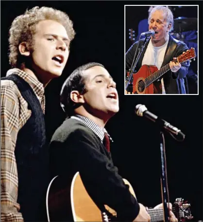  ??  ?? Life in music: Paul Simon with Art Garfunkel in the duo’s heyday and, inset, as a solo artist later in his career
