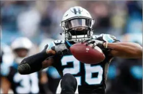  ?? MIKE MCCARN — THE ASSOCIATED PRESS ?? This file photo shows Carolina Panthers’ Daryl Worley (26) celebratin­g his intercepti­on against the Green Bay Packers during the first half of an NFL football game in Charlotte, N.C. The Philadelph­ia Eagles released Worley hours after he was arrested.