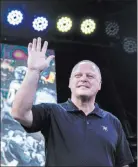  ??  ?? Knights coach Gerard Gallant at Wednesday’s “Stick Salute to Vegas and Our Fans” at the Fremont Street Experience.