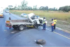  ?? ?? One person died and another one was seriously injured when a haulage truck and a 3-tonne truck collided head-on at the 64 km peg along the Harare-Mutare highway yesterday. Picture: Brian Manhiri