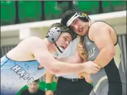  ?? NWA Democrat-Gazette File Photo ?? Springdale Har-Ber’s Quinton Reed and Bentonvill­e’s Alex Crowe compete in the 220-pound division Feb. 4 during last season’s Dual State Wrestling Meet at Van Burn High School. The pair also competed recently with Reed taking a 3-2 decision over Crowe.