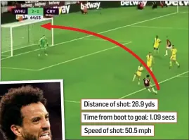  ??  ?? Distance of shot: 26.9 yds Time from boot to goal: 1.09 secs Speed of shot: 50.5 mph