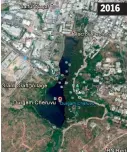  ??  ?? CHANGING LAKE: Google image from the year 2016 shows massive constructi­on and encroachme­nts around the lake. Right: Another image of the lake from 2003 shows very little constructi­ons or encroachme­nts around the lake. 2016