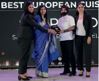  ?? ?? Jiggi Verma, assistant director, communicat­ion; chef Gagandeep Singh Sawhney, executive chef and Perminder Puri, sales director, Shangri-La Eros, New Delhi with the award for the Best European Cuisine.