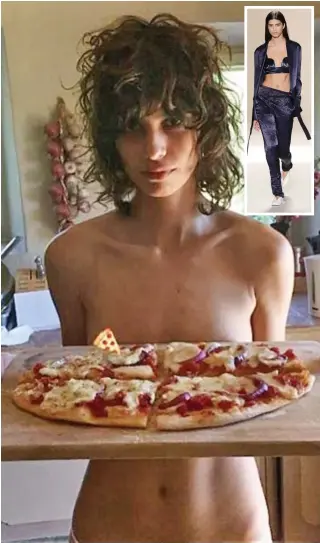  ??  ?? Say cheese: Mica Arganaraz with a huge pizza, cut into four portions. Experts say it would provide 1,000 calories, 0g of fat but few vitamins or minerals