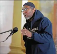  ?? PETE BANNAN — DIGITAL FIRST MEDIA ?? Yancy Harrell of the Charles Foundation speaks at the “Demand the Ban” rally calling for a national assault weapons ban. Harrell said the worst thing for any parent was to loose a child to gun violence, which he did.