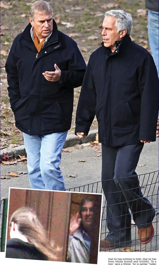  ??  ?? An unfortunat­e friendship: Prince Andrew with Jeffrey Epstein and (inset) pictured at the door of Epstein’s New York home in 2010