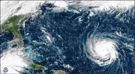  ?? CONTRIBUTE­D BY NOAA ?? Hurricane Florence approaches the East Coast, Monday. Forecaster­s predict that Florence will stall once it reaches the coastline, much as Hurricane Harvey did over Houston last year, besieging the area for days with wind and rain.