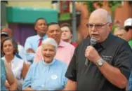  ?? MARIAN DENNIS — DIGITAL FIRST MEDIA ?? Pottstown Police Chief Richard Drumheller took a few minutes Thursday to speak during a vigil held in Pottstown for the victims of Charlottes­ville.