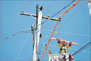  ?? FILE PHOTO ?? A lineman prepares to replace a power pole in Lakeport during PG&E work in 2019.