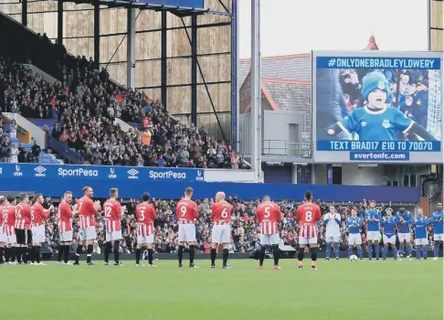  ??  ?? The teams line up for the Bradley Lowery charity match at Everton’s Goodison Park, Liverpool..