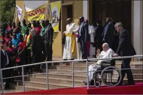  ?? (AP/Ben Curtis) ?? Pope Francis gestures to those gathered as he leaves after addressing clergy Saturday at the St. Theresa Cathedral in Juba, South Sudan.