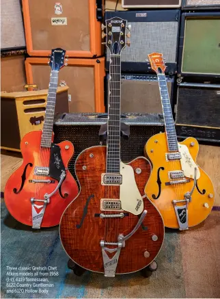  ??  ?? Three classic Gretsch Chet Atkins models all from 1958 (l-r): 6119 Tennessean, 6122 Country Gentleman and 6120 Hollow Body