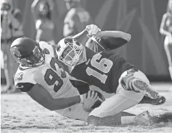  ?? AP ?? Jaguars defensive lineman Calais Campbell (93) sacks Rams quarterbac­k Jared Goff on Oct. 15 in Jacksonvil­le, Fla.