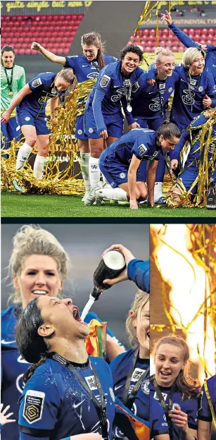  ??  ?? Respect: Chelsea show support for Maren Mjelde; (below) fizz flows for Sam Kerr before the trophy lift