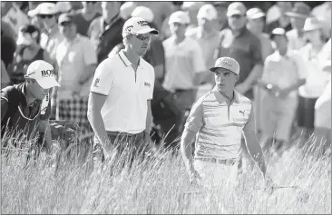  ?? MICHAEL DWYER/ASSOCIATED PRESS ?? Rickie Fowler (right) took control on the back nine to pass Henrik Stenson (center) to win the Deutsche Bank Championsh­ip on Monday in Norton, Mass. Stenson was a runner-up in a FedEx Cup playoff event for the second straight week.