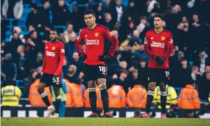  ?? Ash Donelon/Manchester United/Getty Images ?? Casemiro (centre), Raphael Varane (right) and Willy Kambwala sum up United’s mood after they buckled in the second half. Photograph: