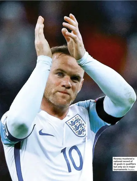  ?? Reuters ?? Rooney mustered a national record of 30 goals in qualifiers but only six in major tournament­s