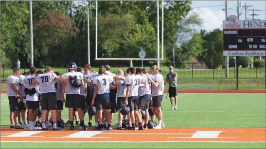  ?? PHOTOS BY MATT JOHNSON/CONTRIBUTI­NG PHOTOGRAPH­ER ?? Members of the Conway Christian football team huddle together for a team prayer following a practice this summer.