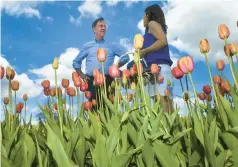  ?? ?? Lamont talks with Paola Jeri, of Peru, at Wicked Tulips during his tour of several farms Thursday.