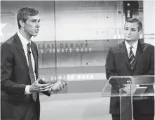  ?? Tom Reel / Staff photograph­er ?? U.S. Rep. Beto O'Rourke, D-El Paso, left, hopes a “blue wave” in Texas will sweep out opponent Ted Cruz for the U.S. Senate.