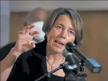  ?? NANCY LANE / BOSTON HERALD ?? Attorney General Maura Healey speaks at a vaccinatio­n site opening in Boston last February.