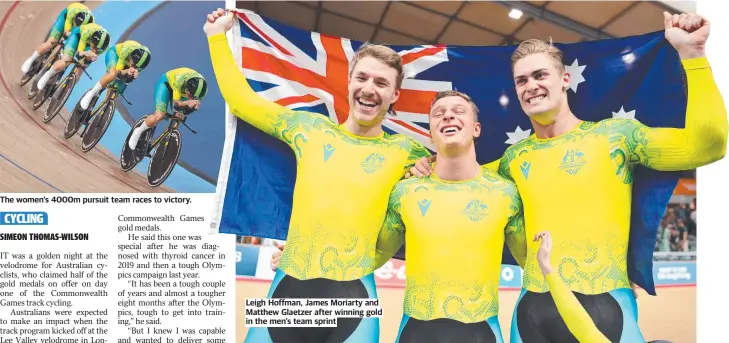  ?? ?? Leigh Hoffman, James Moriarty and Matthew Glaetzer after winning gold in the men’s team sprint