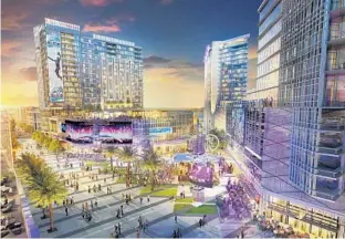  ?? ILLUSTRATI­ON COURTESY OF ORLANDO MAGIC ?? The Orlando Magic gave an update on their proposed sports and entertainm­ent complex on Tuesday, along with a rendering showing a revised plan for the 8.4 acre downtown project, set to open in 2021.