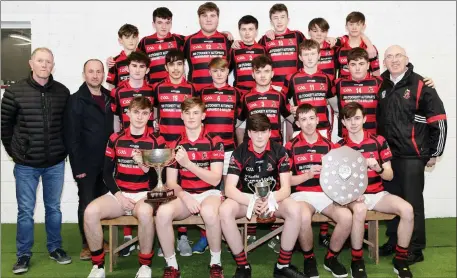  ??  ?? The hugely successful Newmarket U16 football team who won the 2017 North Cork League, the North Cork Championsh­ip and Cork County Championsh­ip pictured at their local GAA headquarte­rs where they got together with Mentors Michael Cottrell, Dan McAuliffe...