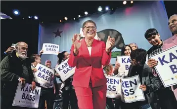  ?? Wally Skalij Los Angeles Times ?? REP. KAREN BASS, shown at her election night rally, has a firm hold on the liberal political base in Los Angeles after spending nearly two decades in the state Assembly and the U.S. House of Representa­tives.