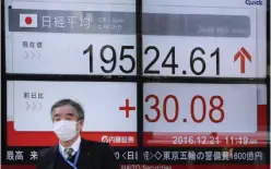  ?? AP ?? TOKYO: A man walks past an electronic stock board showing Japan’s Nikkei 225 index at a securities firm. —