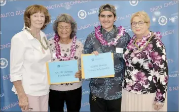  ??  ?? Janet Walker, AAUW past president (far left), and Scholarshi­p Chair Dorothy Tolliver (far right) present $2,000 AAUW scholarshi­ps to Adriana Araneta (second from right) and Annette Pagay.