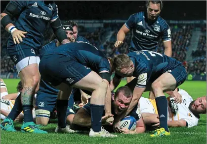  ??  ?? SCREAMER: James McGrath goes over for a Leinster try on Friday at the RDS
