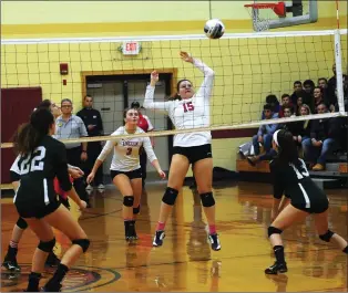  ?? Photo by Ernest A. Brown ?? Lincoln senior outside hitter Olivia Wodogaza (15) delivers a point for the No. 2 Lions during their Division II quarterfin­al sweep of Chariho. The Lions will face No. 1 Burrillvil­le in the semifinals.