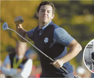  ??  ?? BIT OF A DIFFERENCE: A missed birdie putt by Rory McIlroy (inset) finished a U.S. sweep of the morning session. His fist pump (left) came after a match-winning putt that highlighte­d a European surge in the afternoon.