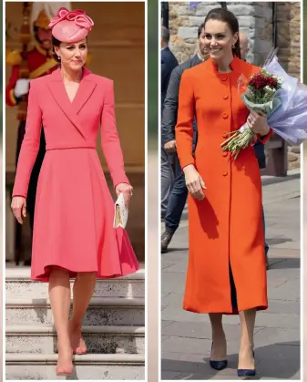  ?? ?? The royal is bright and beautiful in a coral blazer dress by Emilia Wickstead at her first royal garden party of the summer at Buckingham Palace in May (above left) with her vintage Josef handbag (also bottom inset) and (above right) in a
coat dress from Eponine at Cardiff Castle in June