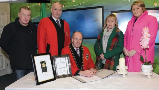  ??  ?? Cllr David Saurin, Cllr Oliver Tully, Mayor Pio Smith , Imelda Munster TD and Cllr Joanne Byrne at the opening of the book of condolence at the Tholsel for Yosuke Saski who died tragically in Dundalk. The book is available all this week for people to...