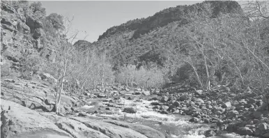  ?? PHOTOS BY MARE CZINAR ?? Snowmelt turns the normally dry Woods Canyon into a torrent in spring. This is the sandstone “beach” area.