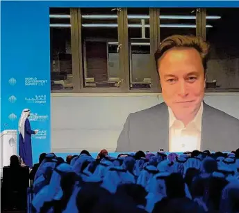  ?? Kamran Jebreili/Associated Press ?? Elon Musk speaks virtually at the Feb. 15 World Government Summit in Dubai. With a stock market value of $659 billion, Tesla is worth more than all other big carmakers combined.