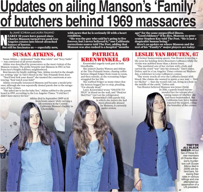  ?? AP ?? THEY’RE ALL BLACK SHEEP: All but two of these former members of Charles Manson’s murderous cult (Susan Atkins died in 2009) are behind bars, following their roles in various killings and one attempted assassinat­ion of a US president.