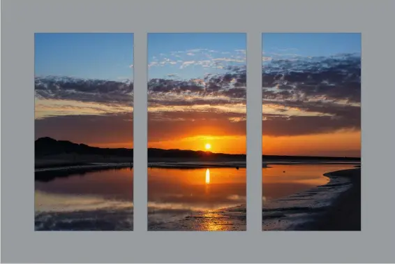  ??  ?? Sony A7R III | 39mm (12-24mm) | ISO100 | f/13 | 1/200s
Triptychon
Sonnenunte­rgang am Watt, Sylt: Das Triptychon durchbrich­t die üblichen Sichtweise­n. Mit dem Auswahlrec­hteck-Werkzeug in Photoshop wurden drei gleich große Ausschnitt­e aus dem Bild genommen, in ein zweites, größeres Dokument mit grauem Hintergrun­d kopiert und angeordnet.