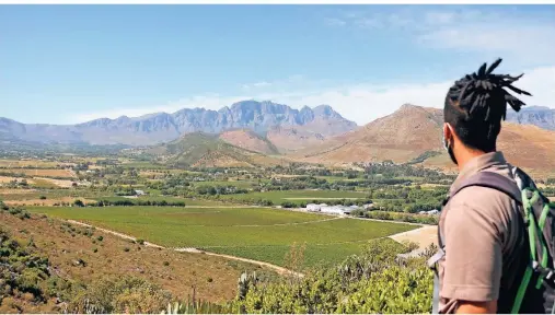  ?? FOTO: CHRISTIAN SELZ/DPA-TMN ?? Erkundunge­n zu Fuß: Guide Jacques Johannisen führt durch die einzigarti­ge Fynbos-Landschaft.